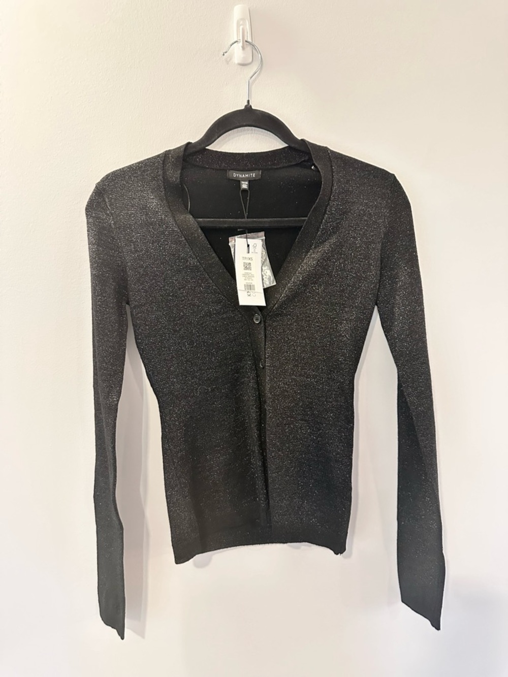 Black Sparkle V-Neck Cardigan XS Slim Fit Button Front Metallic Shimmer NWT - Picture 3 of 12